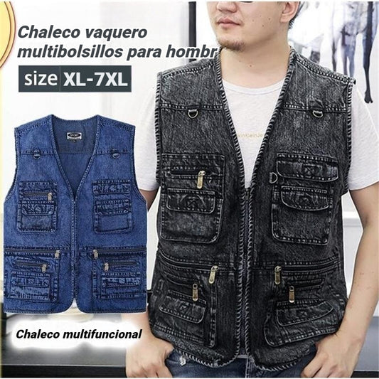 【XL-7XL】2026 Chaleco vaquero multibolsillos para hombr