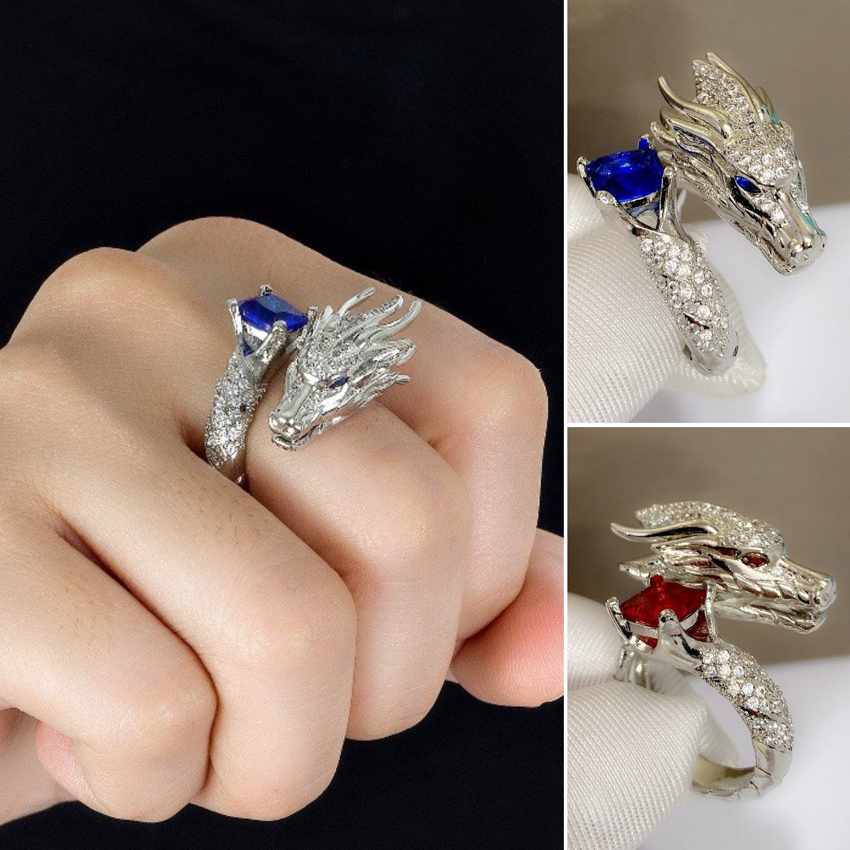 ✨💍Anillo de lujo con zafiro, rubí y dragón chapado en oro de 18 quilates