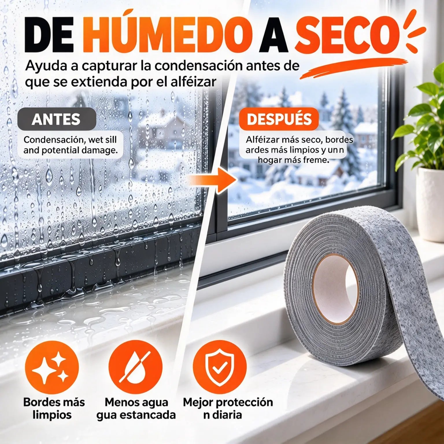 💧【¡Compra uno, consigue uno gratis!】❄️ Cinta Absorbente de Condensación para Ventanas | Fieltro Autoadhesivo Antihumedad y Antigoteo | Tira para Alféizar y Marco 🌬️