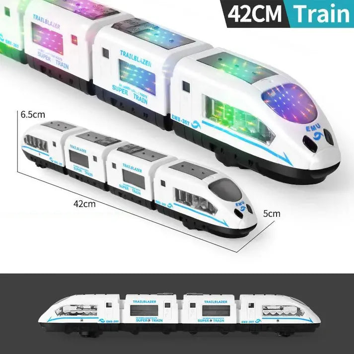 🚄1 piezas 30 euro 🎵 Tren eléctrico de juguete de alta velocidad: se ilumina, cambia de dirección al chocar y reproduce música; luces y sonidos interactivos; navegación inteligente para sortear obstáculos ✨