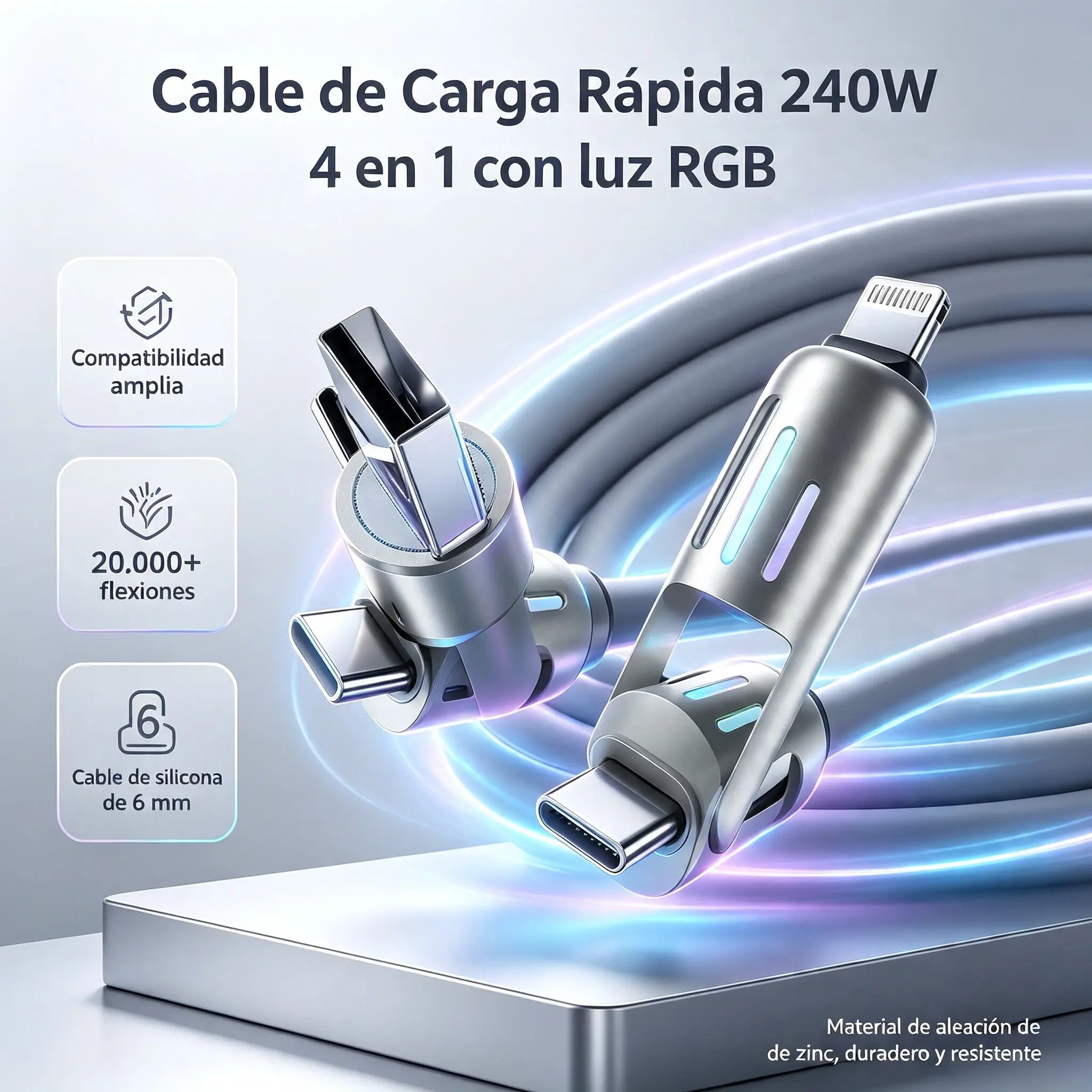 🔥 (2 metros de largo) Cable 4 en 1 PD 240 W – Carga rápida USB‑C, Lightning y USB‑A, aluminio y silicona, sincronización de datos ⚡📱