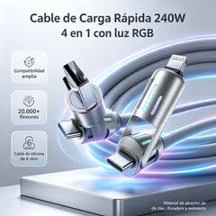 🔥 【2 kusy za 22 eur】 🔥 (dĺžka 2 metre) 4v1 kábel PD 240 W – rýchle nabíjanie USB‑C, Lightning a USB‑A, hliník a silikón, synchronizácia dát ⚡📱