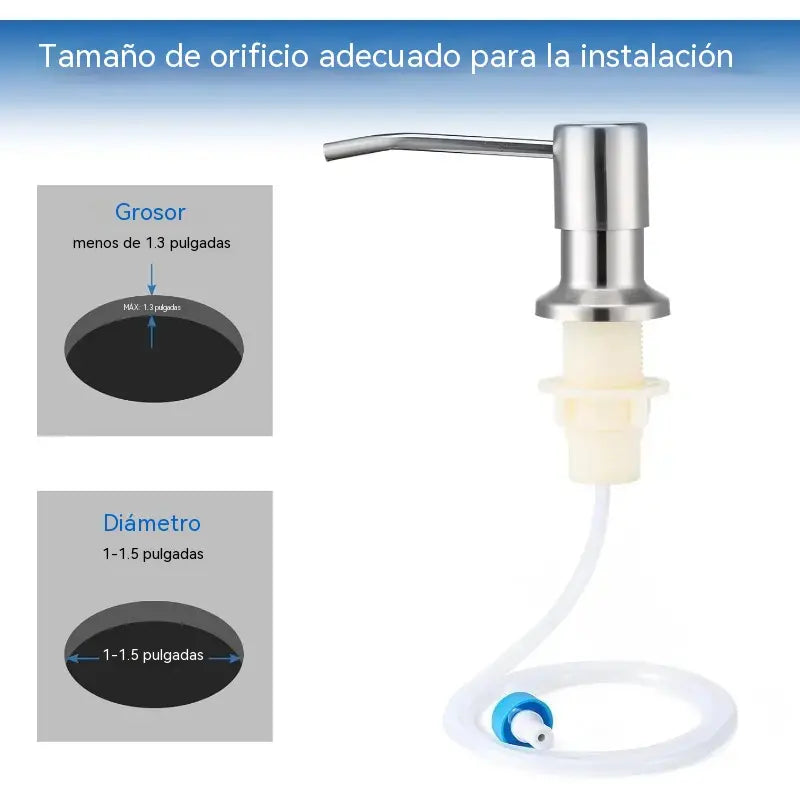 Dispensador de jabón para fregadero de cocina con tubo extensor y bomba de acero inoxidable integrada.