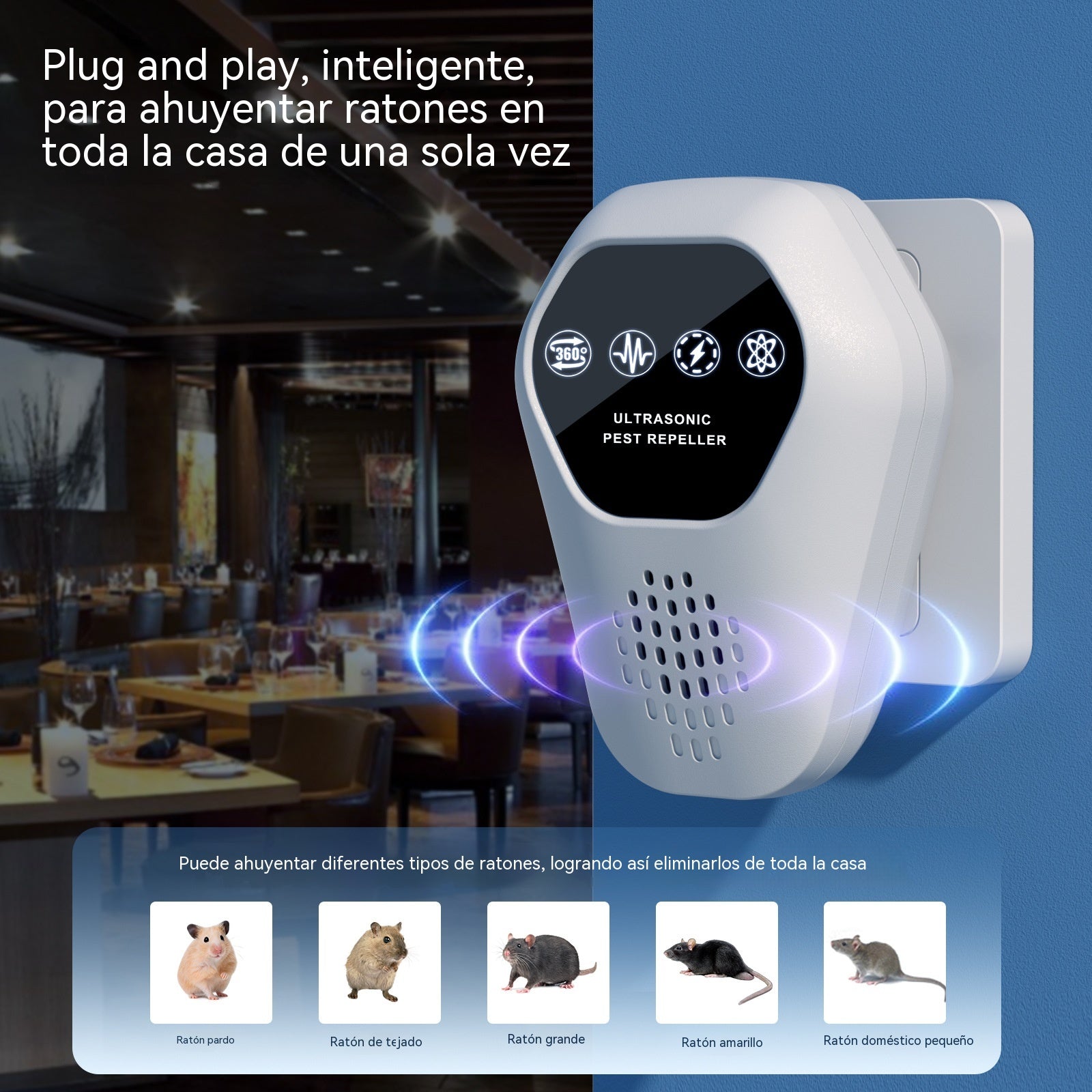 ✨【Compra uno y llévate otro gratis】🐭Repelente de roedores multifuncional e inteligente por ultrasonidos de frecuencia variable para hogares y almacenes