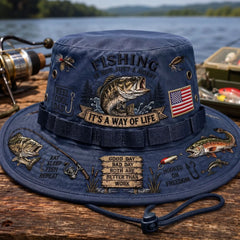 🎣Sombrero de pescador retro, decorado con un estampado de lubina y elementos de exterior, transpirable y con protección solar.
