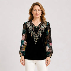 🔥 【XL-6XL】✨ Blusa de terciopelo con flores bordadas y strass – Manga larga, cuello V, diseño de lujo para ocasiones especiales 🌹