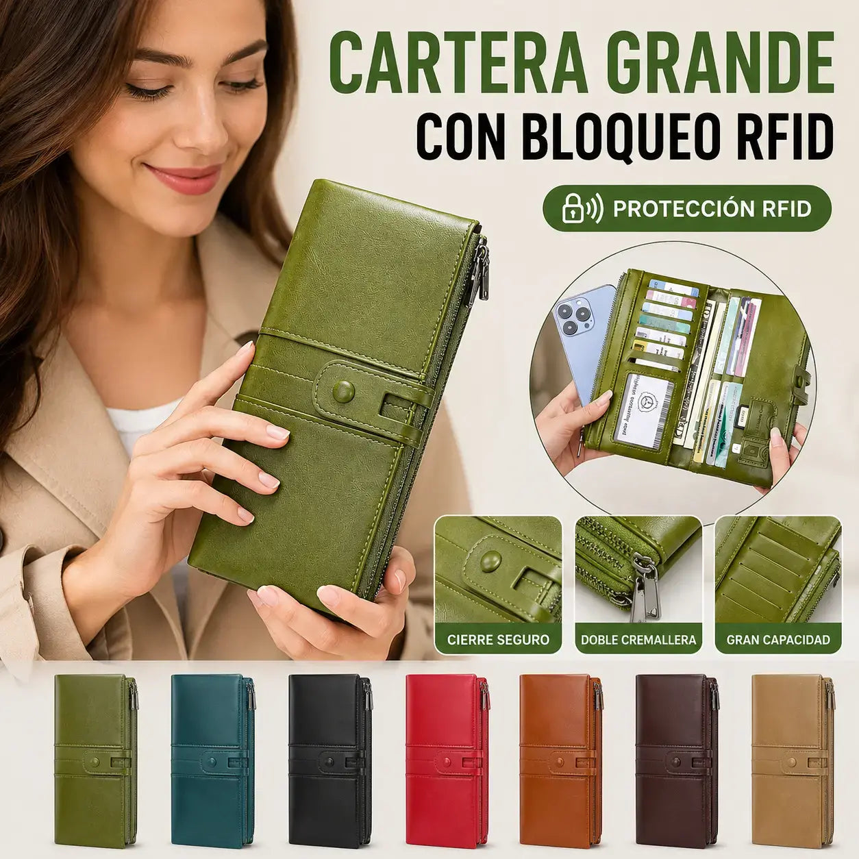 🔥50% de descuento💼 Cartera retro multifuncional de piel encerada para mujer, con diseño de doble cremallera y función antirrobo RFID.