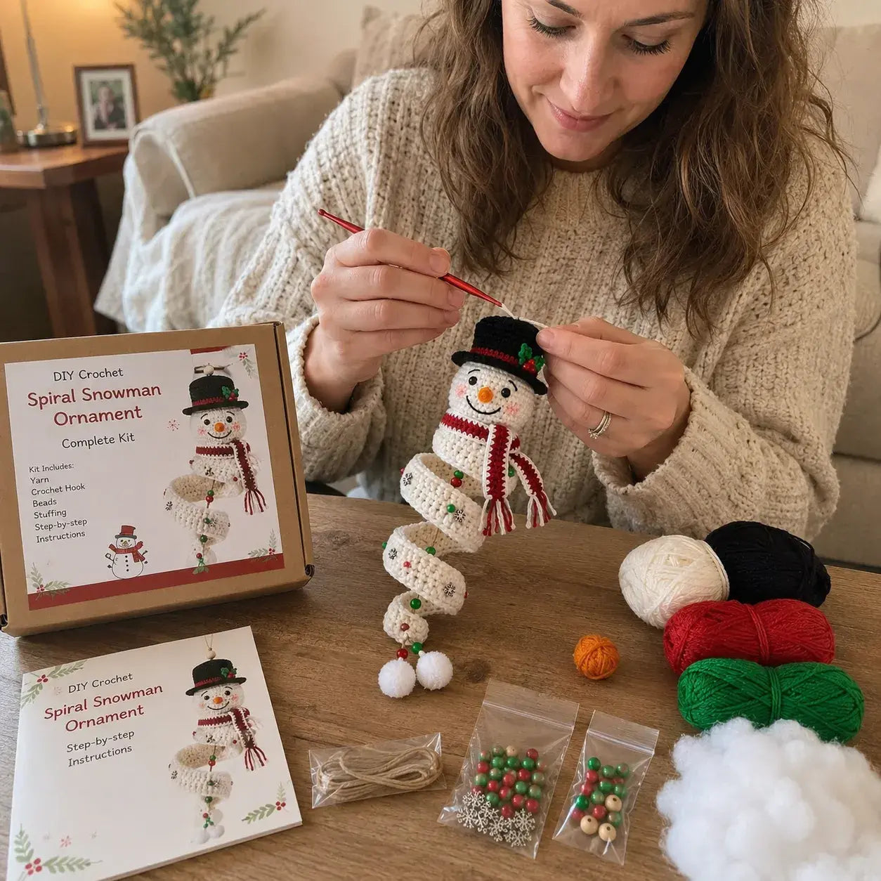 ⛄️🎄Kit para hacer un adorno de muñeco de nieve en espiral a crochet (incluye hilo suave, aguja de crochet, cuentas navideñas, decoraciones de copos de nieve e instrucciones paso a paso)