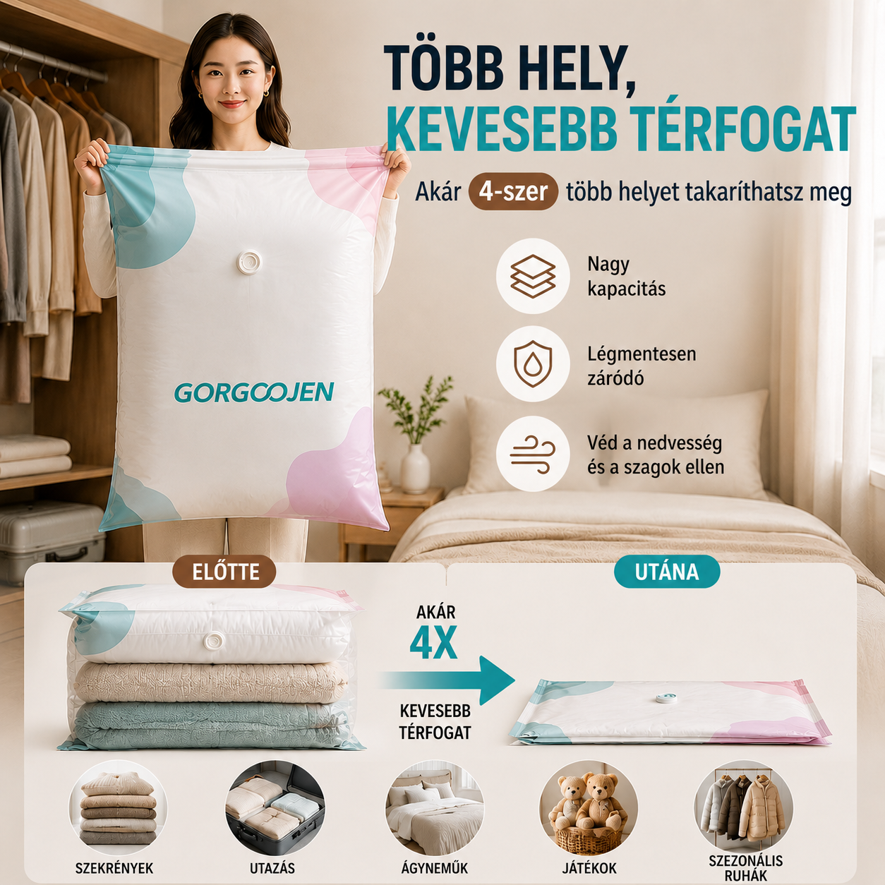 🧳 5 tétel ára 9000 Ft 💨 Nagy, összenyomható vákuumos tárolózacskó: nem igényel pumpát, szivárgásmentes és ideális helytakarékosságra bőröndökben és otthon ✈️