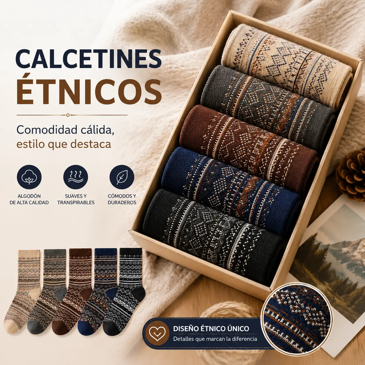 🔥【10 par】🧦(39-45) Calcetines étnicos retro absorbentes para hombre, ideales para otoño e invierno.