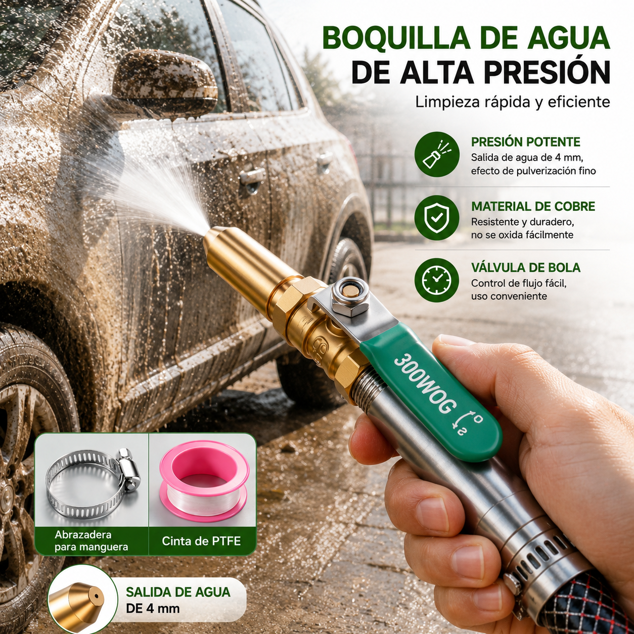 🚿(1 juego: boquilla pulverizadora + abrazadera para tubería de agua + cinta de teflón)💧 Pistola de agua a alta presión: lavado de autos, jardín, 10 veces más presión, multimodo ⚡