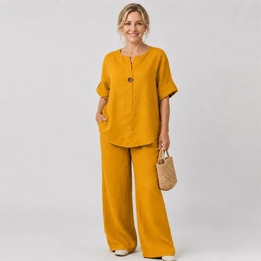 ✨【Top + Pantalones de pierna ancha】🌸【S-3XL】Conjunto de algodón y lino suave, ligero y de corte holgado, ideal para cualquier ocasión 👚