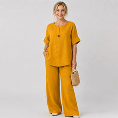 ✨【Top + Pantalones de pierna ancha】🌸【S-3XL】Conjunto de algodón y lino suave, ligero y de corte holgado, ideal para cualquier ocasión 👚