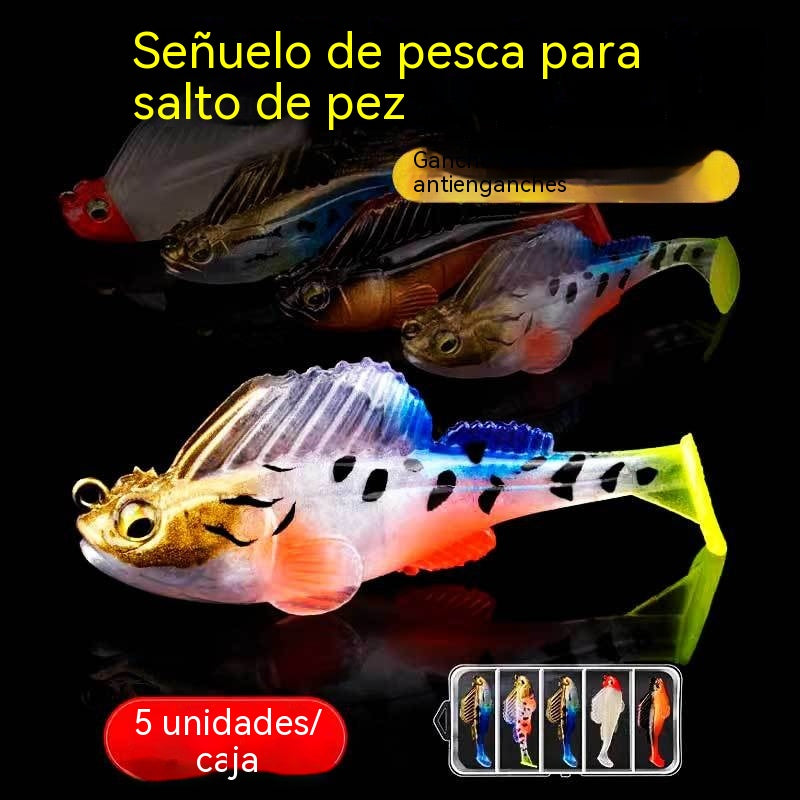 🐟🐠Juego de 5 señuelos blandos con cola en T y caja.