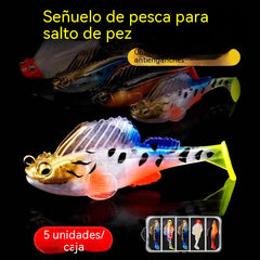 🐟🐠Juego de 5 señuelos blandos con cola en T y caja.