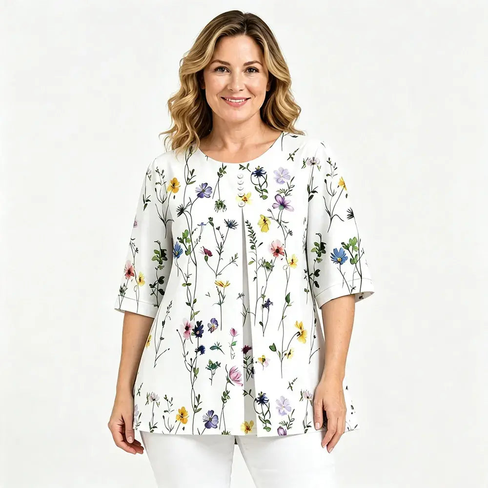 🔥【Oferta por tiempo limitado】【M-5XL】✨Blusa holgada de mujer de manga 3/4 con estampado, cuello redondo, estilo casual y elegante