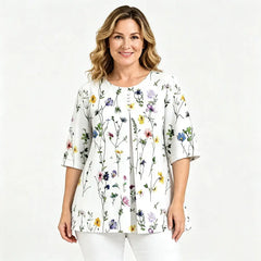 🔥【Oferta por tiempo limitado】【M-5XL】✨Blusa holgada de mujer de manga 3/4 con estampado, cuello redondo, estilo casual y elegante