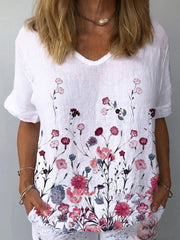 【39%OFF】【S-5XL】🌈Camiseta de manga corta de lino y algodón con estampado floral💐