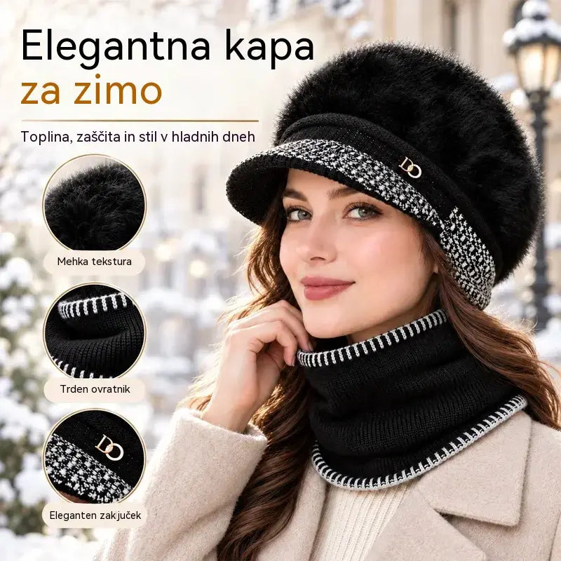 ❄️Eleganten dvodelni zimski komplet: športna kapa s ščitnikom in zavihki za ušesa (mešanica z zajčjim krznom) ter pleten šal!