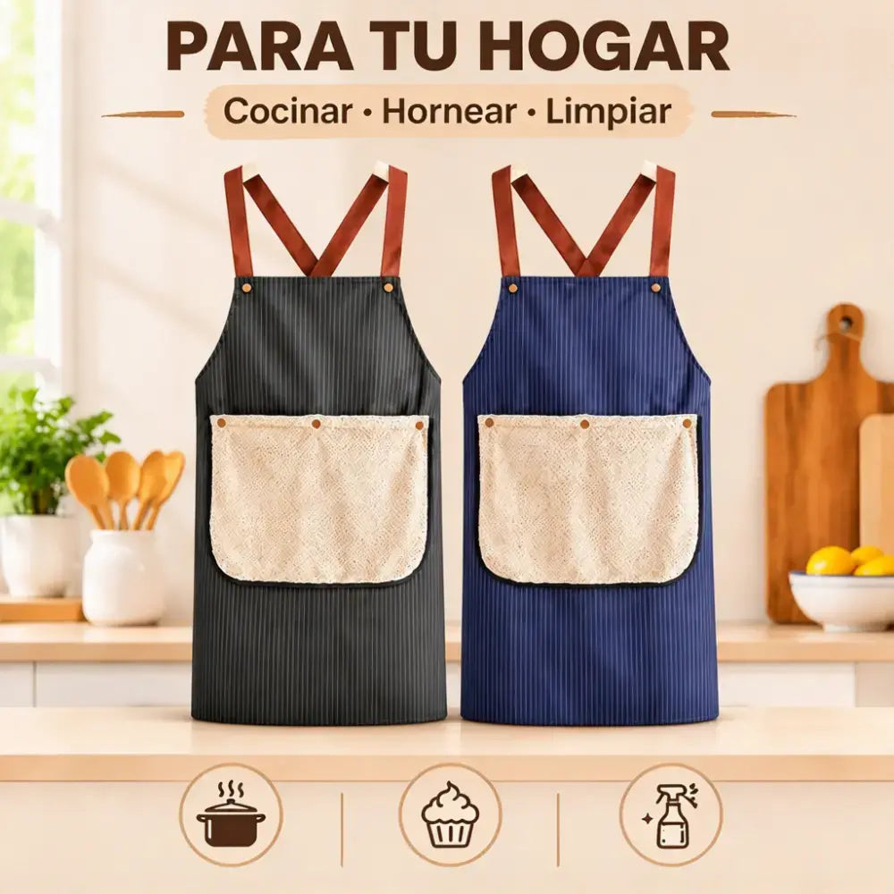 🍳【Compra uno, llévate otro gratis】💧 Delantal Impermeable con Toalla de Manos Desmontable, Correas Cruzadas de Cuero, Resistente al Aceite y Agua, Diseño a Rayas para Cocina y Hogar ✨