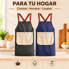 🍳【Compra uno, llévate otro gratis】💧 Delantal Impermeable con Toalla de Manos Desmontable, Correas Cruzadas de Cuero, Resistente al Aceite y Agua, Diseño a Rayas para Cocina y Hogar ✨