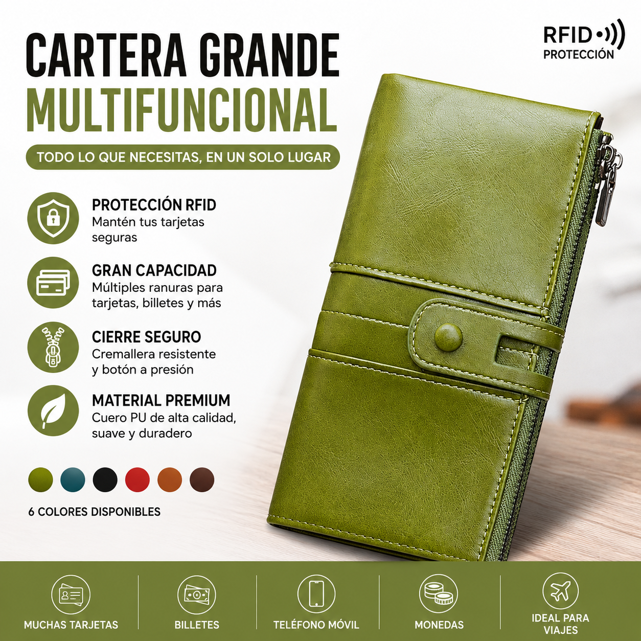 🔥💼 Cartera multifuncional retro de piel encerada con doble cremallera y diseño antirrobo RFID.