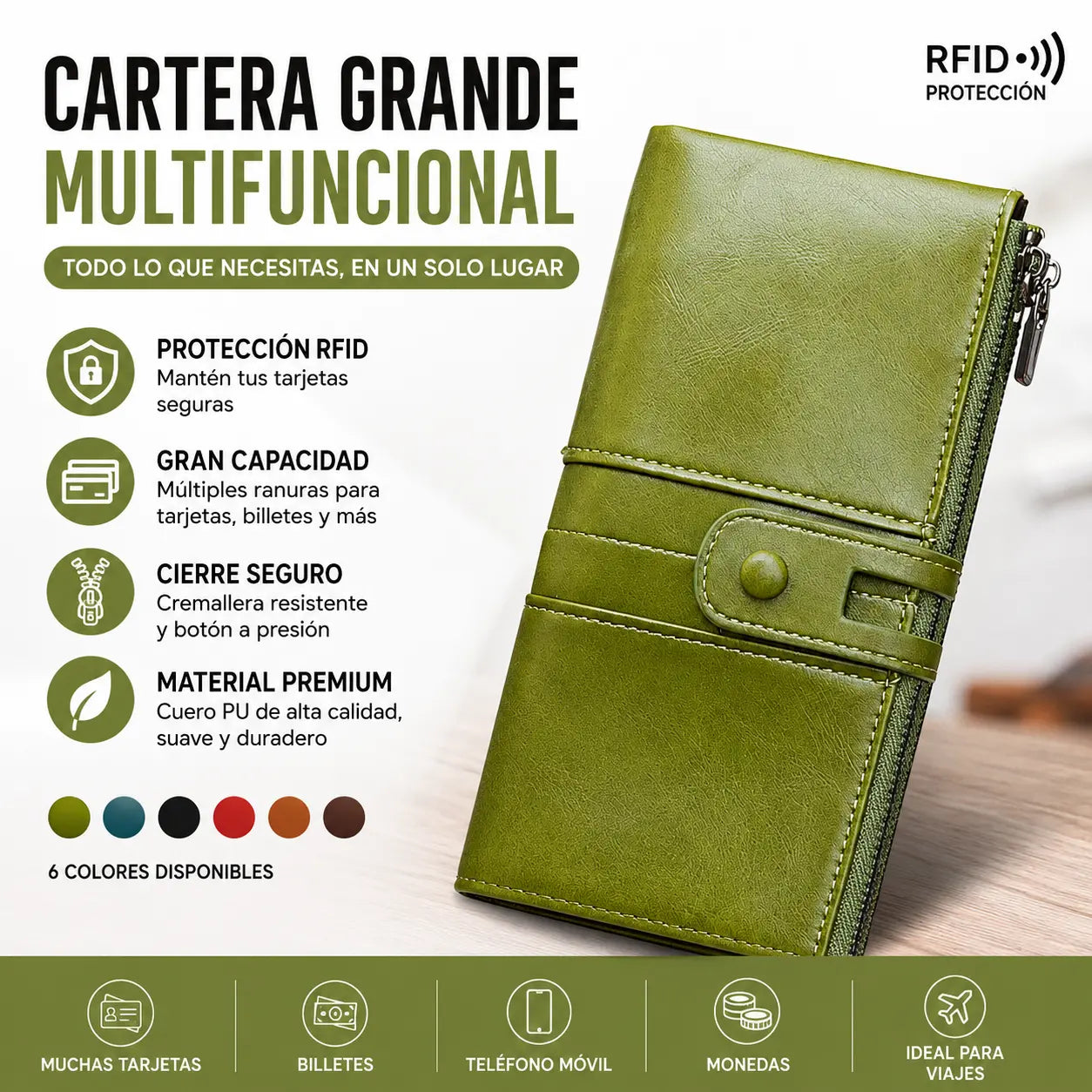 🔥50% de descuento💼 Cartera retro multifuncional de piel encerada para mujer, con diseño de doble cremallera y función antirrobo RFID.