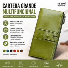🔥50% de descuento💼 Cartera retro multifuncional de piel encerada para mujer, con diseño de doble cremallera y función antirrobo RFID.