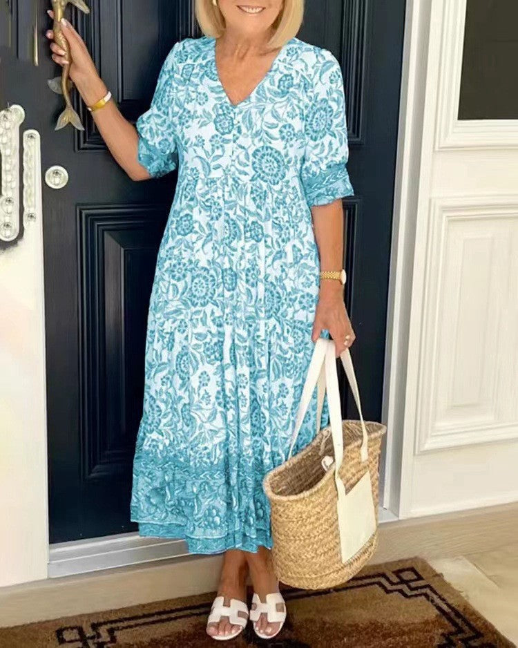 💃【S-3XL】2025 nuevo vestido largo floral elegante con cuello en V