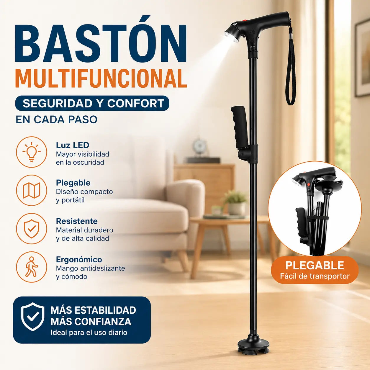 🦯💡 Bastón plegable multifuncional con luz LED y alarma de emergencia – Base cuadrúpeda antideslizante y altura ajustable en 5 niveles ✨