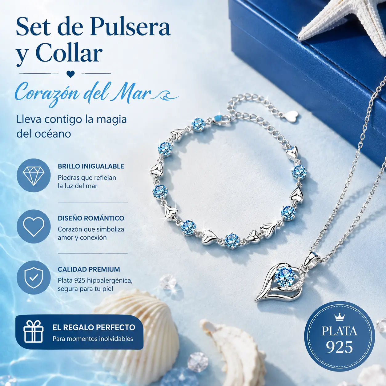 🥰【1 juego：Pulsera + collar】✨Conjunto de pulsera y collar de plata de ley 925 Corazón del Océano