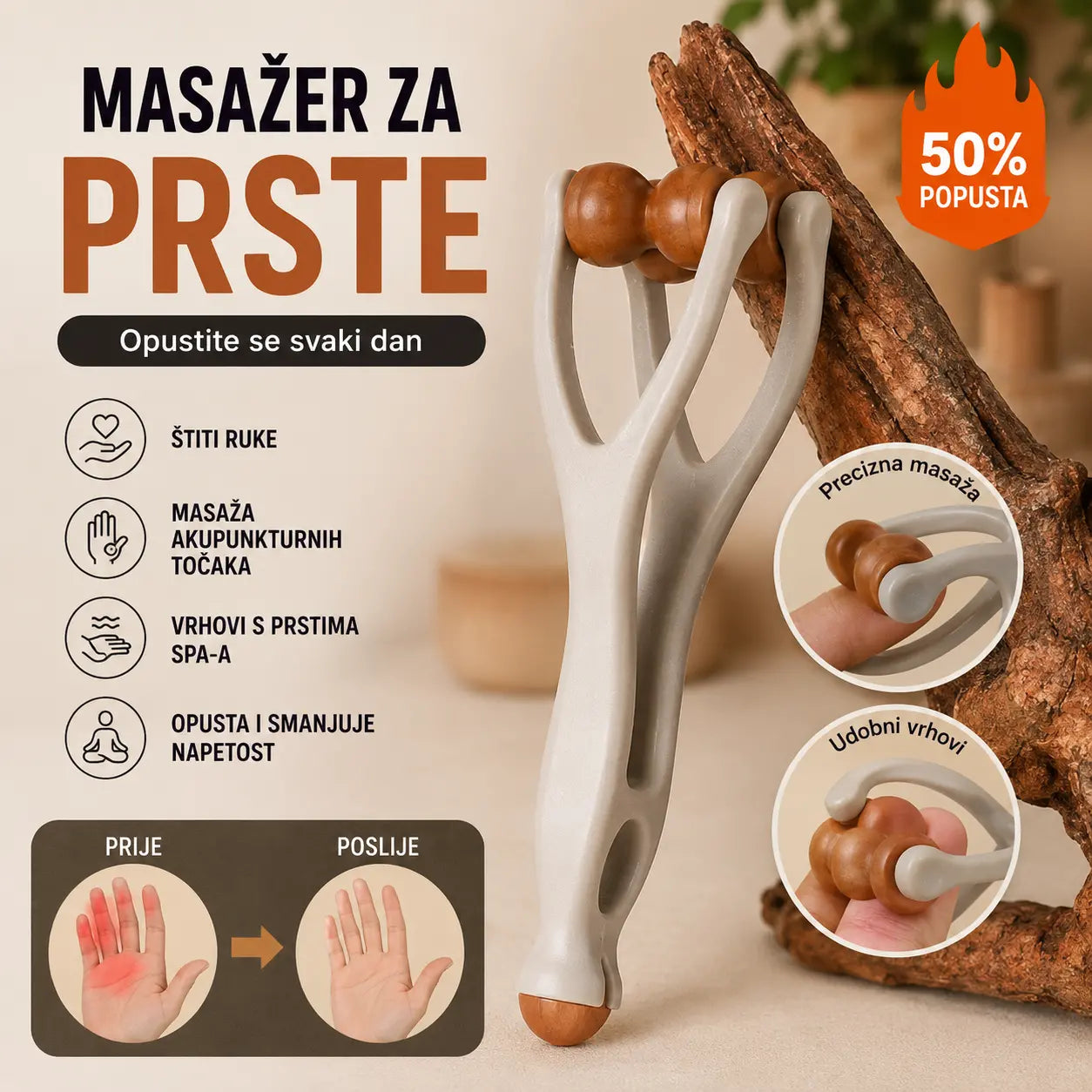 🎁【2 komad】🌿 Masažer za prste od punog drva: Valjci od prirodnog drva pomažu u deblokiranju meridijana zglobova i ublažavanju umora ruku. 🌿