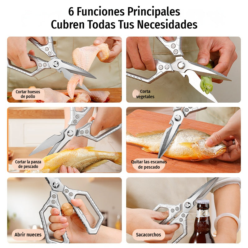 Tijeras de cocina multifunción y resistentes ✨🦴 Cortan huesos | 🐟 Quitan escamas de pescado | 🍾 Abren botellas | 🌰 Abren nueces