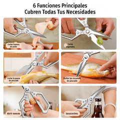 Tijeras de cocina multifunción y resistentes ✨🦴 Cortan huesos | 🐟 Quitan escamas de pescado | 🍾 Abren botellas | 🌰 Abren nueces