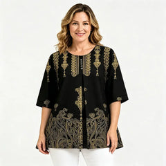 🔥【Oferta por tiempo limitado】【M-5XL】✨Blusa holgada de mujer de manga 3/4 con estampado, cuello redondo, estilo casual y elegante