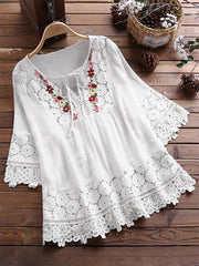 ❤️🔥【39%OFF】😍【S-5XL】Camisa casual de encaje con cuello en V de color sólido para mujer