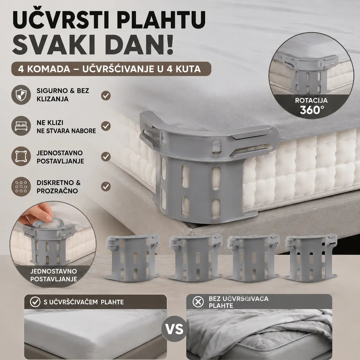 Set od četiri komada🛏️ Skrivene kopče za plahte s četiri kuta – sprječavaju pomicanje ili klizanje plahti, držeći ih ravnima i sigurnima.