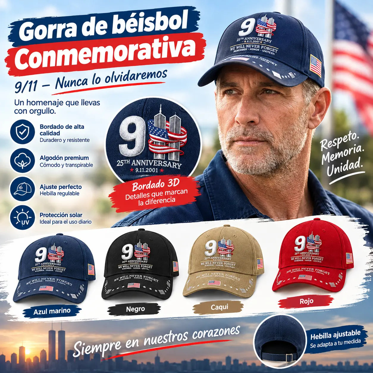 Gorra de béisbol conmemorativa del 25.º aniversario del 11-S: Nunca olvidaremos – Gorra conmemorativa patriótica unisex 🧢