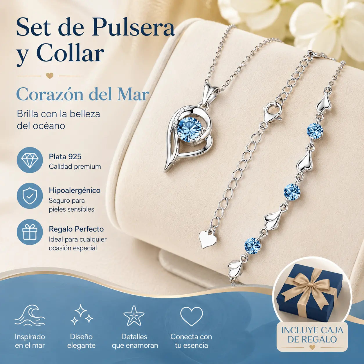 🥰【1 juego：Pulsera + collar】✨Conjunto de pulsera y collar de plata de ley 925 Corazón del Océano