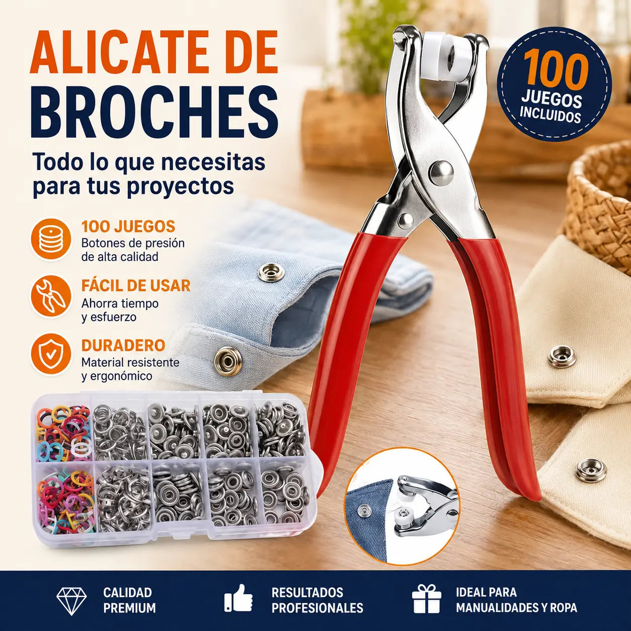 🔥 Kit de 100 Botones Metálicos + Alicate Manual Sin Costura 🧵🔧