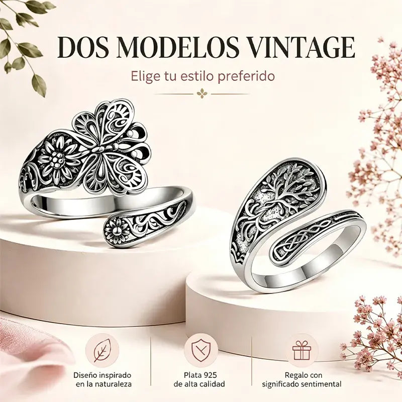 🦋 Anillo Ajustable de Mariposa y Flores Vintage ✨ Anillo Abierto Retro Bohemio, Joyería Moda para Mujer