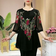 【L-5XL】Camisa de gasa con flores bordadas a la moda 2024 para mujer