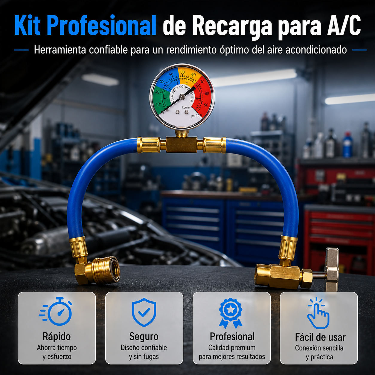 Manguera para pruebas y recarga de refrigerante R134A para sistemas de aire acondicionado automotriz / manguera de carga de flúor