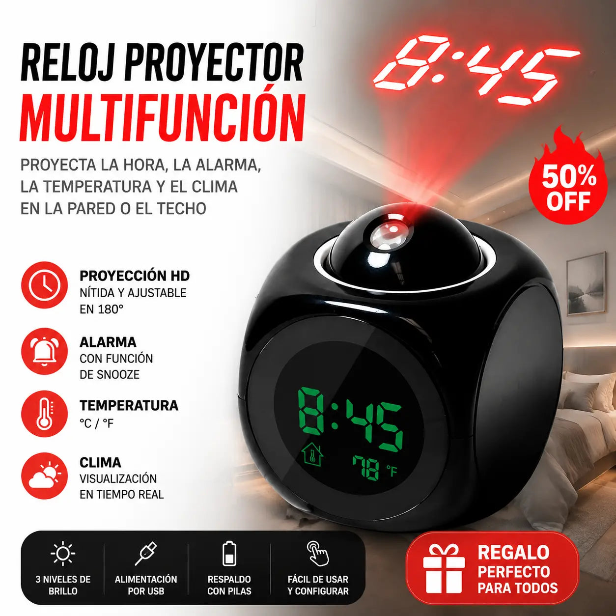 ⏰ Reloj proyector multifunción — hora, alarma, temperatura y clima en tu pared o techo