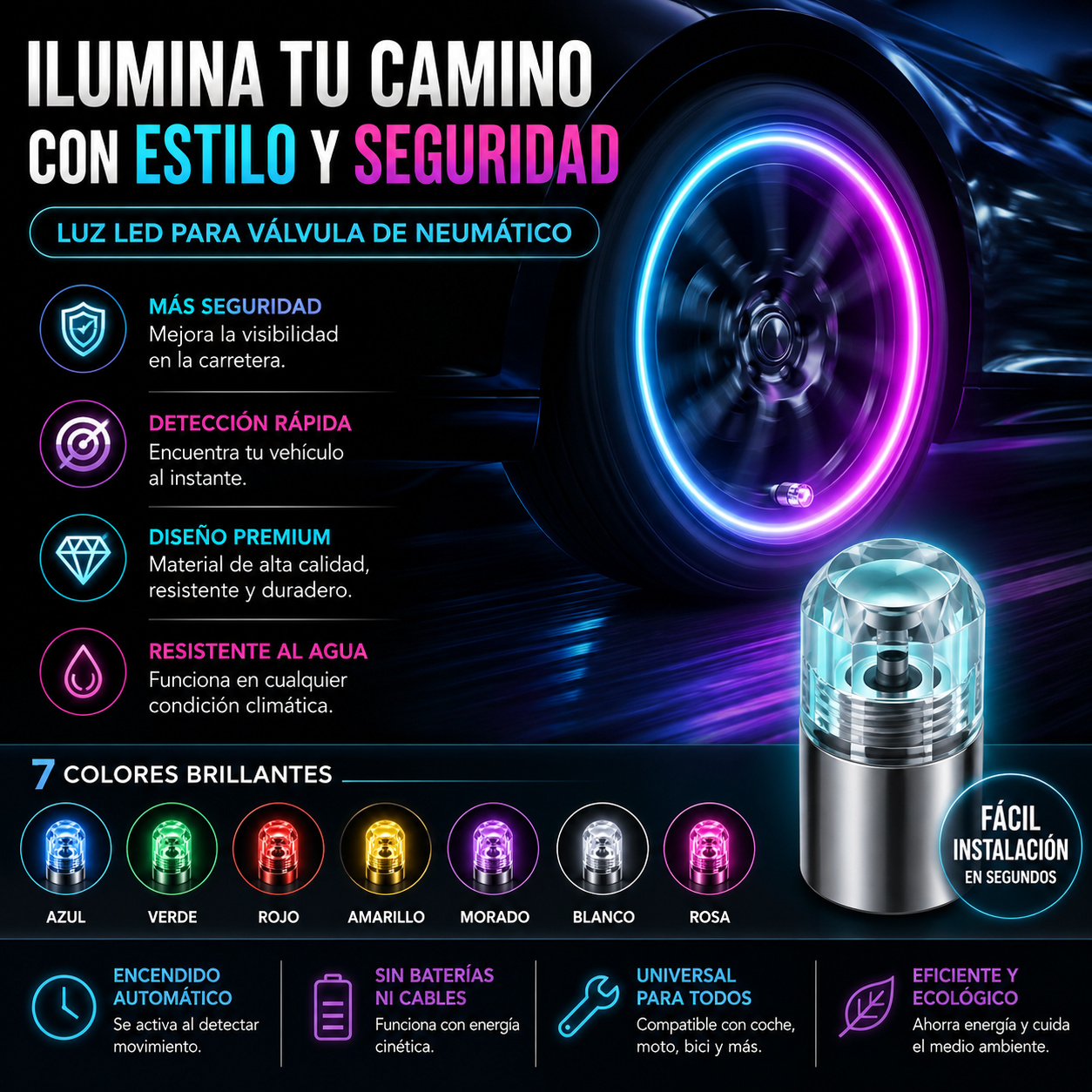 📢📢 ¡50% de descuento! ¡Compra 2 y llévate 2 gratis! ⏰ Luces LED inteligentes para ruedas con sensor