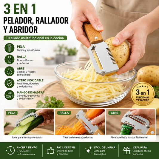 【Compra 1 y llévate 1 gratis 】 Pelador de cocina multifuncional 3 en 1: ¡Pela, corta y abre botellas!