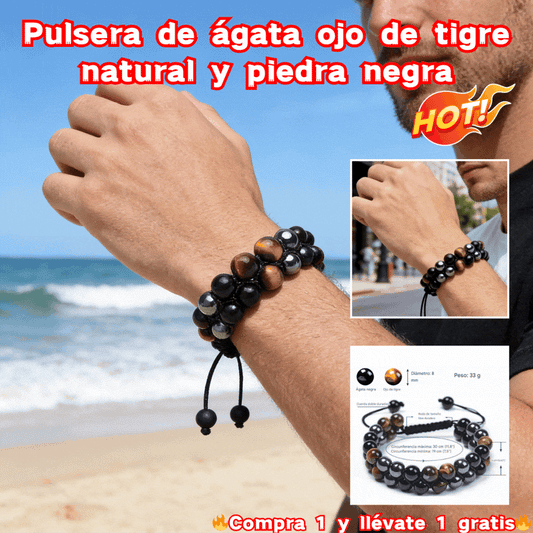 Pulsera de triple protección: auténtica ágata ojo de tigre y piedra biliar negra. El regalo perfecto.