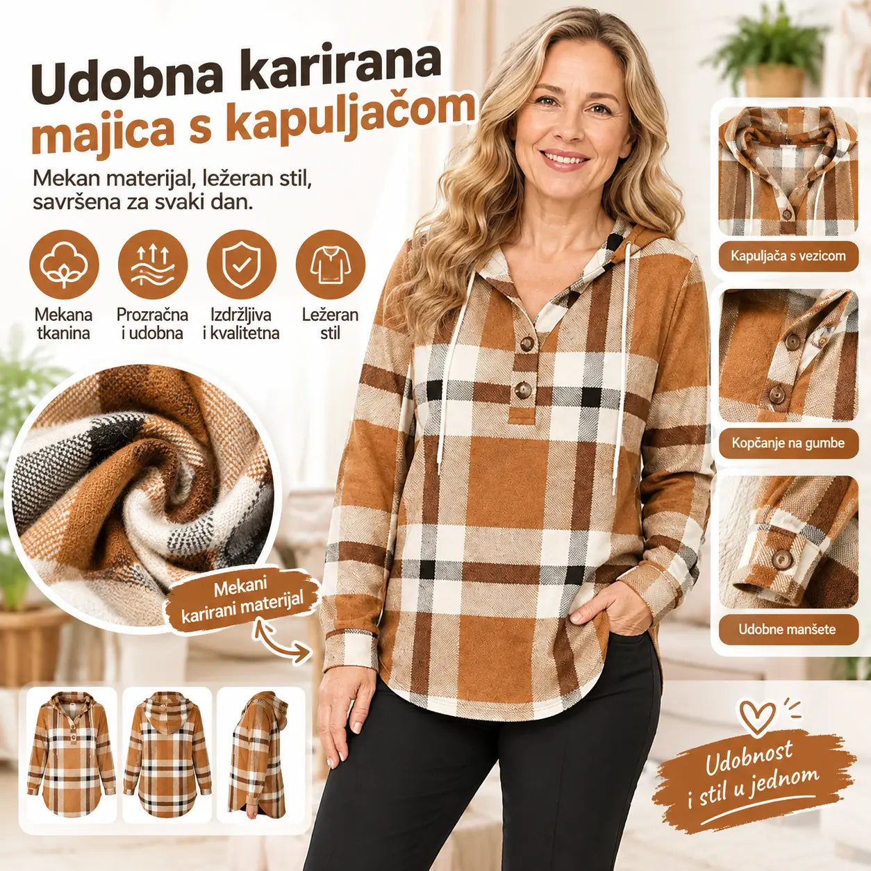🧥Ženska karirana majica s kapuljačom i V-izrezom - Kopčanje na gumbe, dugi rukavi - Široka karirana majica za jesen i zimu