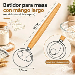 🥖 Mezclador Manual de Masa de Acero Inoxidable con Mango de Roble – Herramienta Indispensable para Hornear, Amasar y Tamizar · ¡Compra uno y llévate otro gratis (recibes 2 unidades)! 🌾