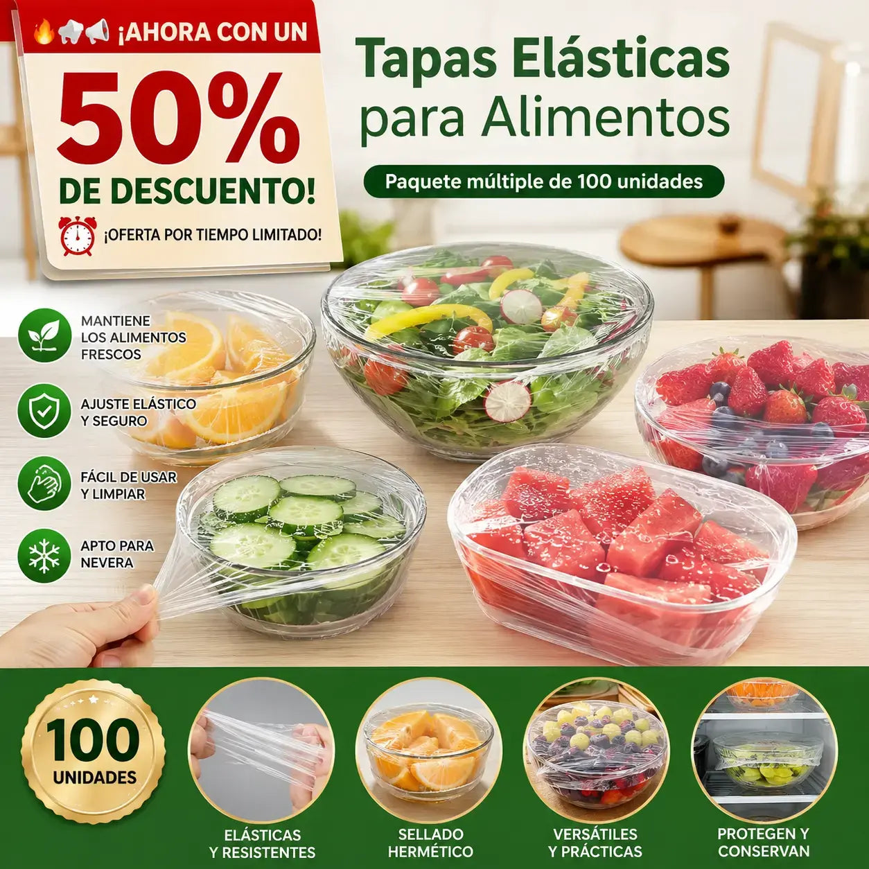 🔥【Paquete múltiple de 100 unidades】Tapa de frescura desechable de grado alimenticio,Protección de alimentos rápida y sencilla